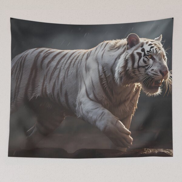 Item preview, White tiger in rain's embrace, stalking its prey with quiet grace designed and sold by SingularityGeek.
