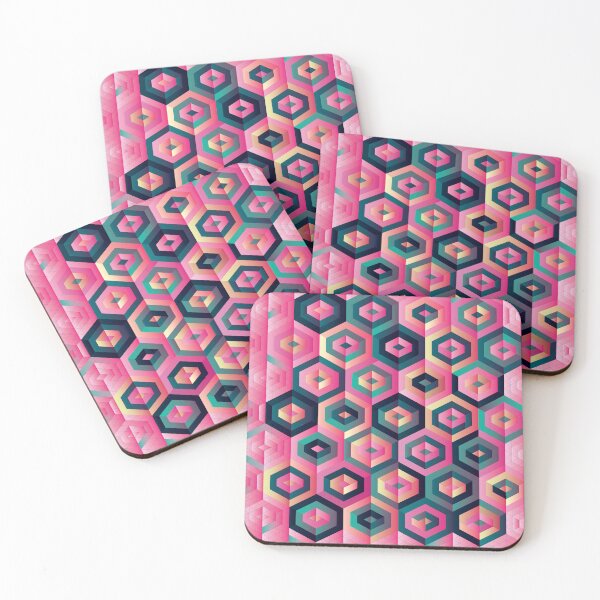 Item preview, Geometric pattern of pink, azure green, dark blue hexagons designed and sold by IngaDesign.
