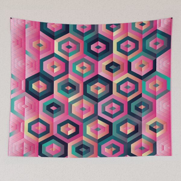 Item preview, Geometric pattern of pink, azure green, dark blue hexagons designed and sold by IngaDesign.
