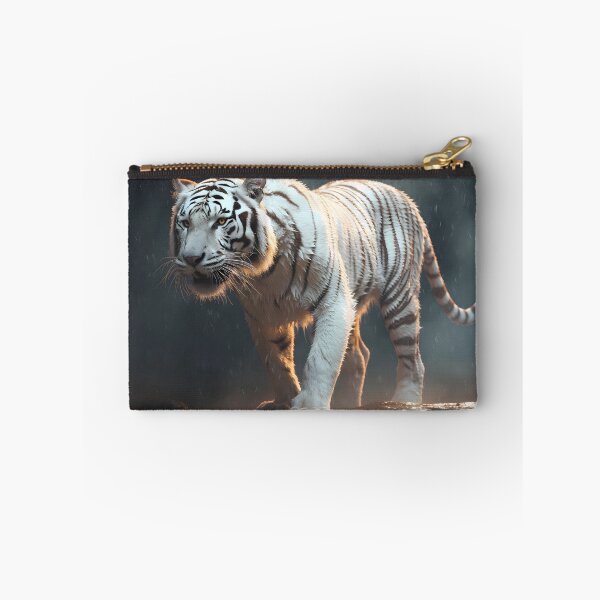 Item preview, Poised white tiger in rain's veil, preparing to leap, no time to derail designed and sold by SingularityGeek.