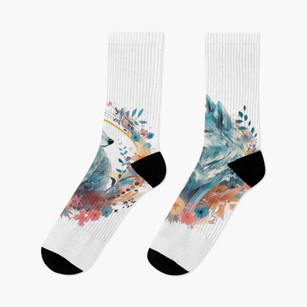 Item preview, Colorful Wolf With Flowers designed and sold by letsgetinspired.
