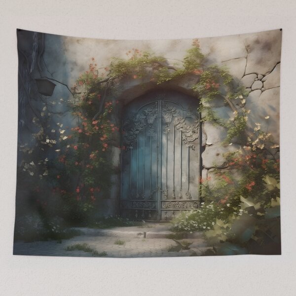 Aperçu de l'œuvre Fantasy Garden Gate with flowers and wall créée et vendue par SceneInADream.