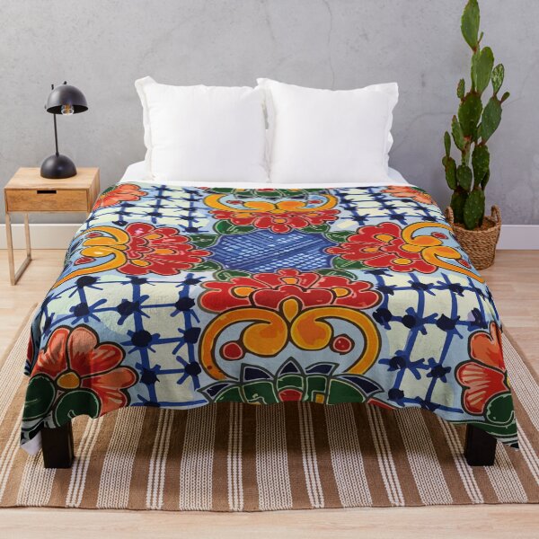 Item preview, Colorful maximalist flowers picnic blanket mexican talavera tile designed and sold by T-Mex.