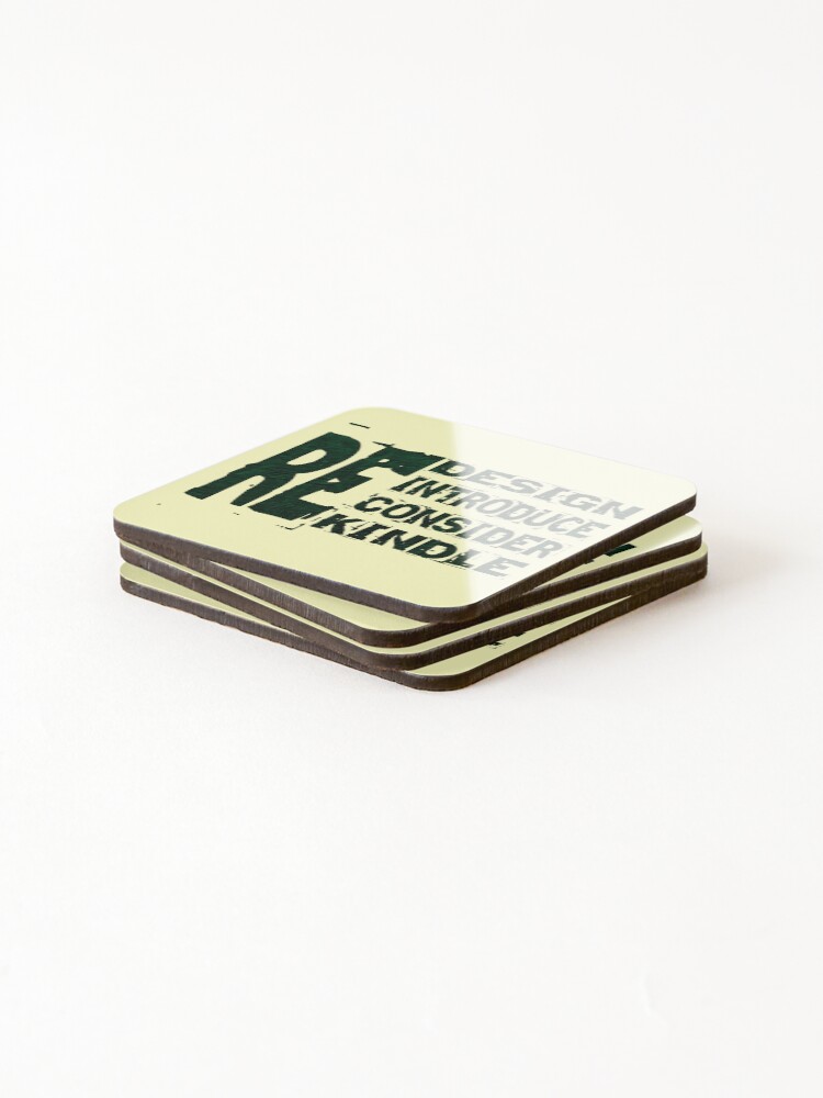 Thumbnail 4 of 5, Coasters (Set of 4), Redesign Reintroduce Reconsider Rekindle Green Sticker,  designed and sold by KeesHandcrafts.