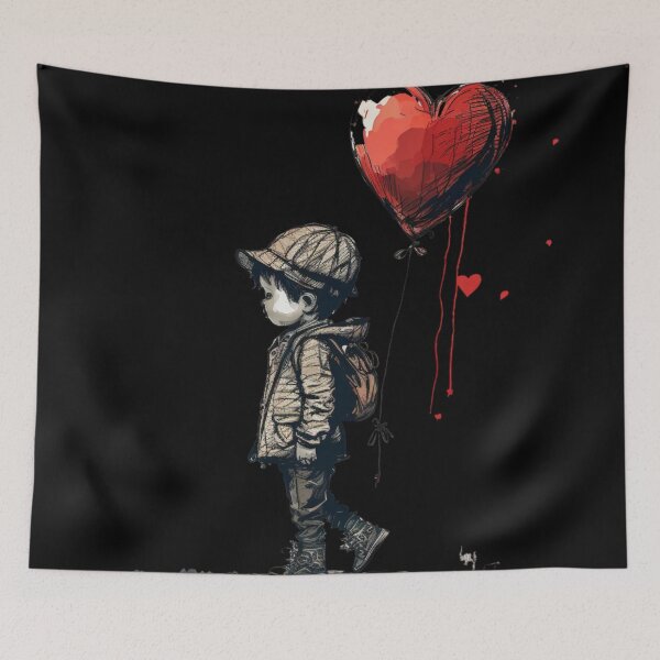 Item preview, A little boy wearing a hat holding a red heart balloon. designed and sold by Yaksza.
