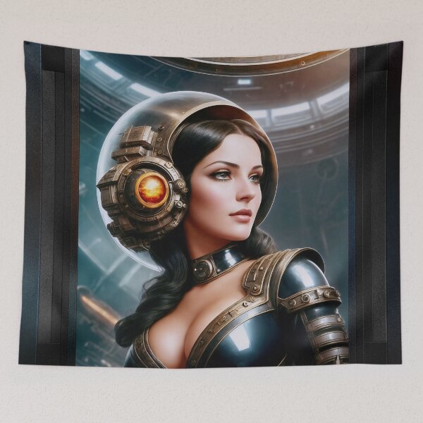 Item preview, The Navigator Retro Girl Portrait Of The Arkasan Space Age Alluring AI Concept Art Illustration by Xzendor7 designed and sold by Xzendor7 Digital Art Creations.