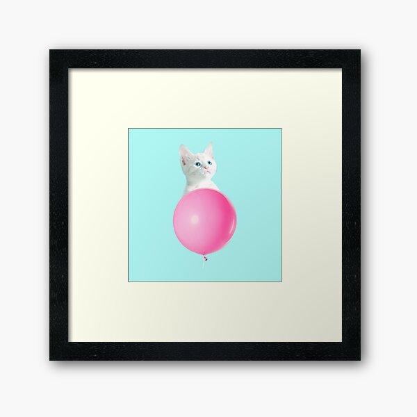 White Cat's Travel by Pink Balloon by Alice Monber Framed Art Print