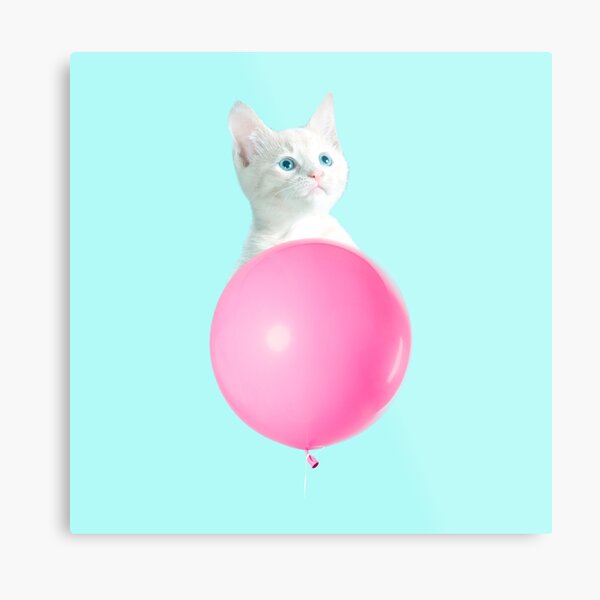 White Cat's Travel by Pink Balloon by Alice Monber Metal Print