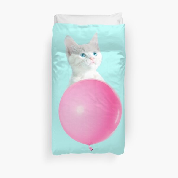 White Cat's Travel by Pink Balloon by Alice Monber Duvet Cover