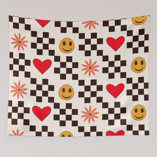 Item preview, Checkered smiling Faces, Hearts and Flowers with Black Squares designed and sold by Yasminepatterns .