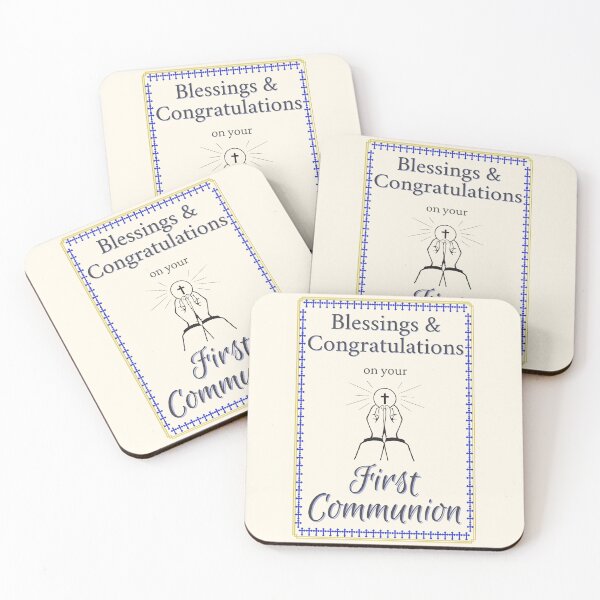 Item preview, First Communion Blessings & Congratulations: Blue & Gold - Hands holding Host with Cross designed and sold by Ceramic Scripture.