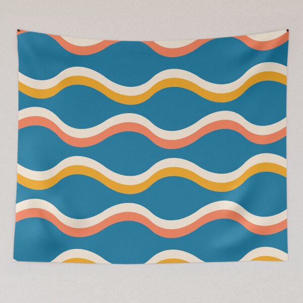 Item preview, Abstract Groovy Retro  Waves Pattern  in white and orange on blue designed and sold by Yasminepatterns .
