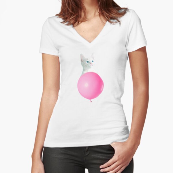 White Cat's Travel by Pink Balloon by Alice Monber Fitted V-Neck T-Shirt