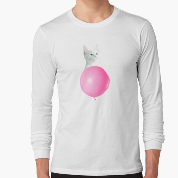 White Cat's Travel by Pink Balloon by Alice Monber Long Sleeve T-Shirt