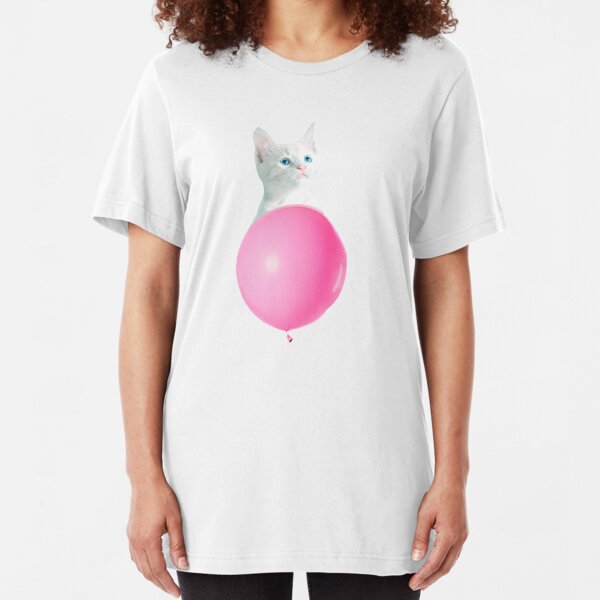 White Cat's Travel by Pink Balloon by Alice Monber Slim Fit T-Shirt