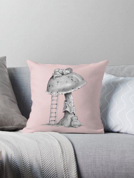 Item preview, Baby Sleeping on A Toadstool, Mushroom, with Teddy Bear, Nursery Décor, Pencil Illustration designed and sold by JoyfulWhimsy.