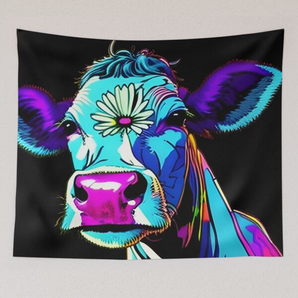 Aperçu de l'œuvre Graphique d'une vache dans un style néon animé avec des fleurs, art moderne créée et vendue par CatherineDossa.