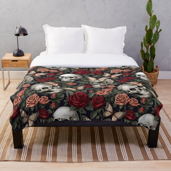 Item preview, Skulls surrounded by colorful roses and beautiful butterflies designed and sold by KERaney.