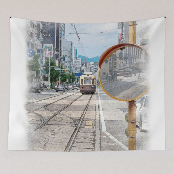 Item preview, Watercolour of Hiroshima Tram Leading Line with a street mirror designed and sold by AvonPerception.