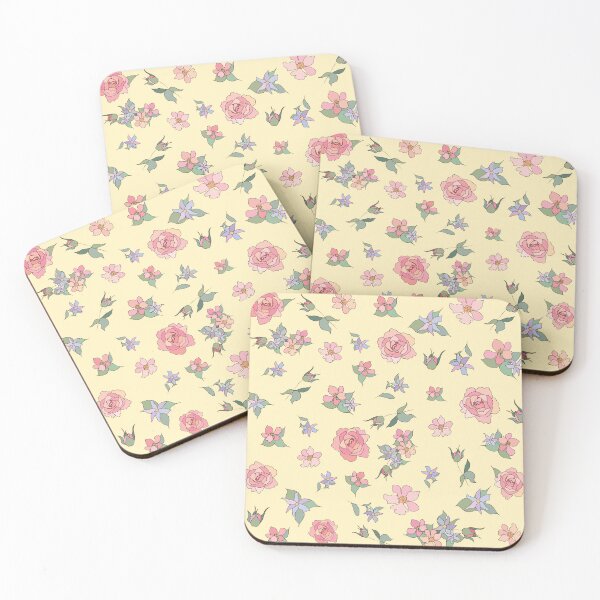 Item preview, Feminine Pink Roses and flowers pattern on soft yellow designed and sold by HajnalkArt.