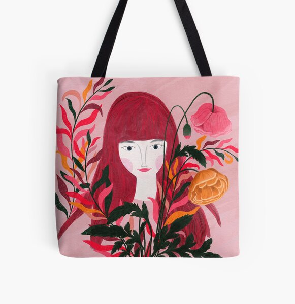 red and pink woman with flowers illustration All Over Print Tote Bag