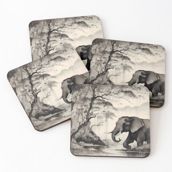 Item preview, African elephant crossing a wetland in grayscale designed and sold by SingularityGeek.