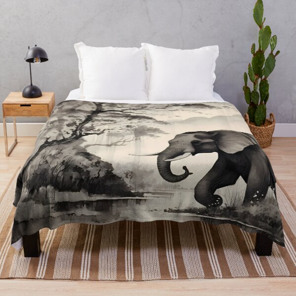 Item preview, African elephant crossing a wetland in grayscale designed and sold by SingularityGeek.