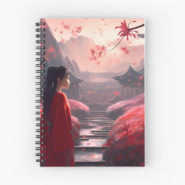 Item preview, Asian empress in a red robe climbing a mountain to reach a temple surrounded by red flowers designed and sold by SingularityGeek.