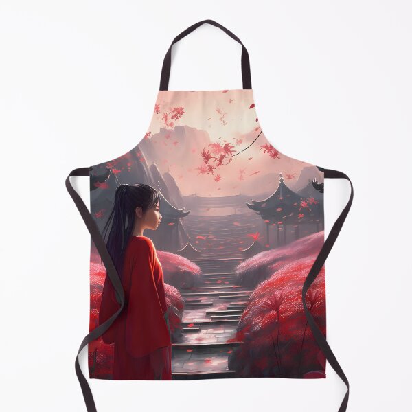 Item preview, Asian empress in a red robe climbing a mountain to reach a temple surrounded by red flowers designed and sold by SingularityGeek.