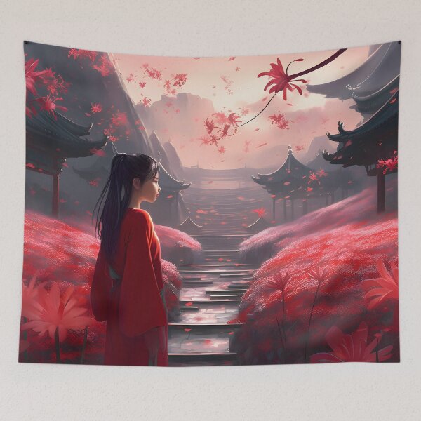 Item preview, Asian empress in a red robe climbing a mountain to reach a temple surrounded by red flowers designed and sold by SingularityGeek.