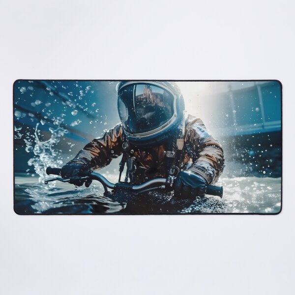 Item preview, Astronaut performing acrobatic stunts on a bicycle in a swimming pool designed and sold by SingularityGeek.