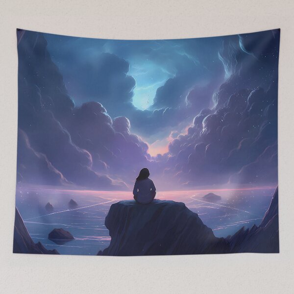 Item preview, Back-facing girl meditating while sitting on a rock on a cliff designed and sold by SingularityGeek.