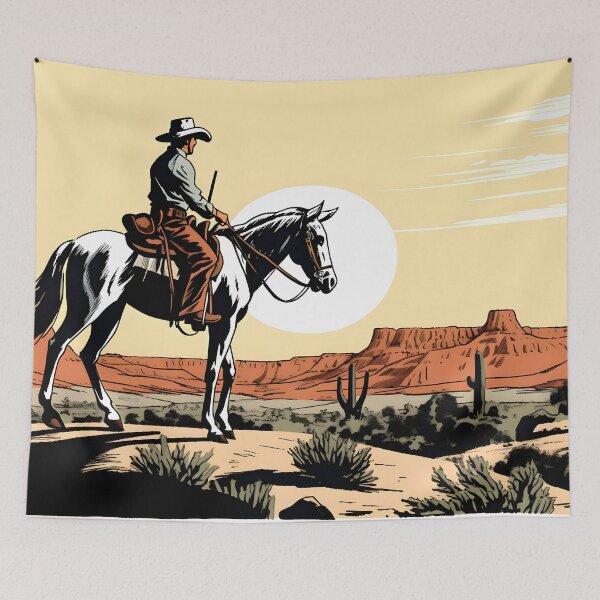 Item preview, Comic of a lone cowboy on his white horse in front of the Colorado Canyon at mid-afternoon designed and sold by SingularityGeek.
