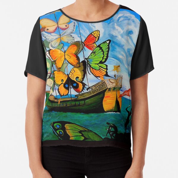 BUTTERFLY SHIP : Vintage Dali Abstract Painting Print Top mousseline