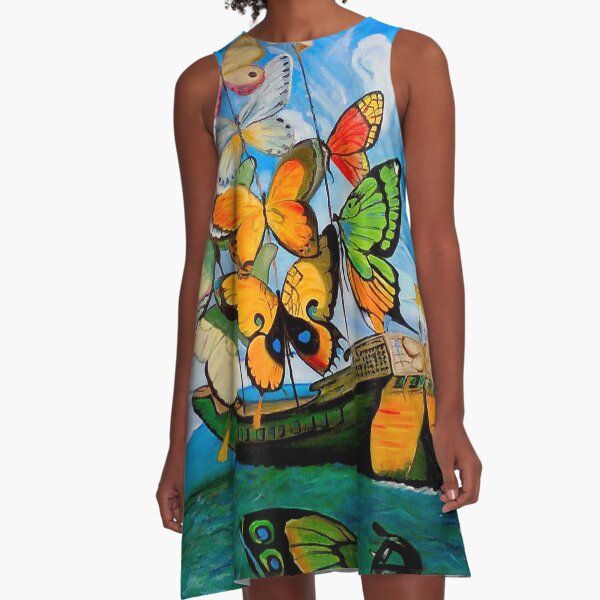 BUTTERFLY SHIP : Vintage Dali Abstract Painting Print A-Line Dress