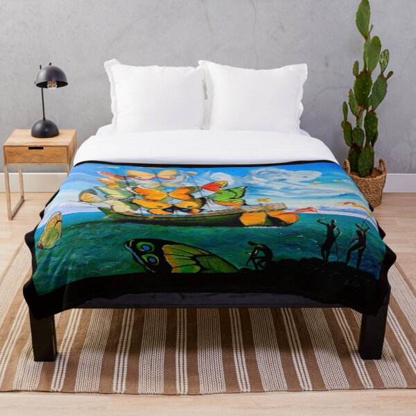 BUTTERFLY SHIP : Vintage Dali Abstract Painting Print Throw Blanket