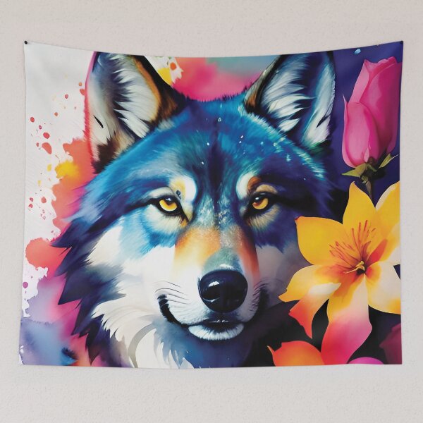 Item preview, Majestic Wolf with Watercolor Flowers designed and sold by FriskyLemur.