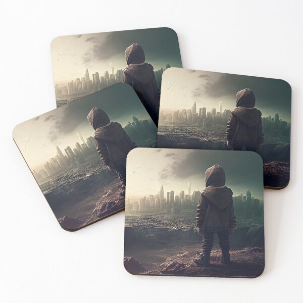 Item preview, child looking through a decimated city in a post-apocalyptic future designed and sold by YoutShop.