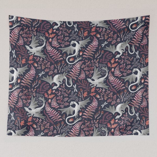 Item preview, Forest dragons in autumn pinks on navy blue designed and sold by adenaJ.