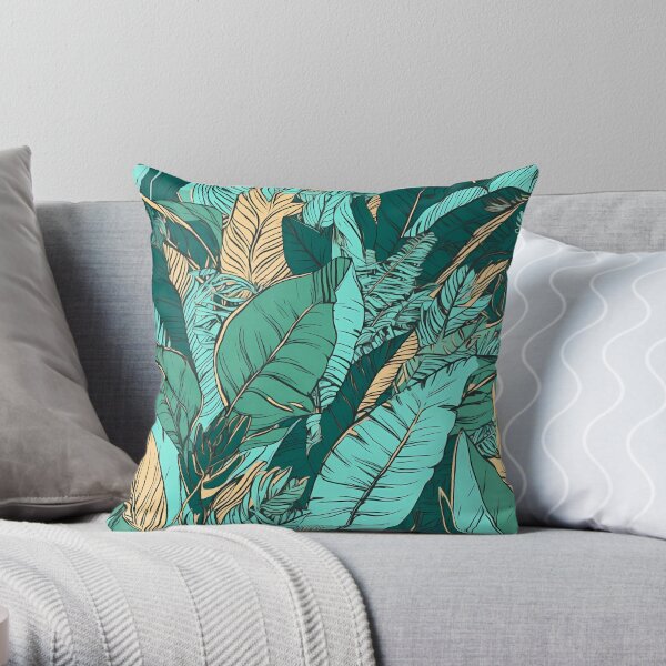 Tropical Jungle Leaves Pattern in Bold Light Cyan and Green Throw Pillow