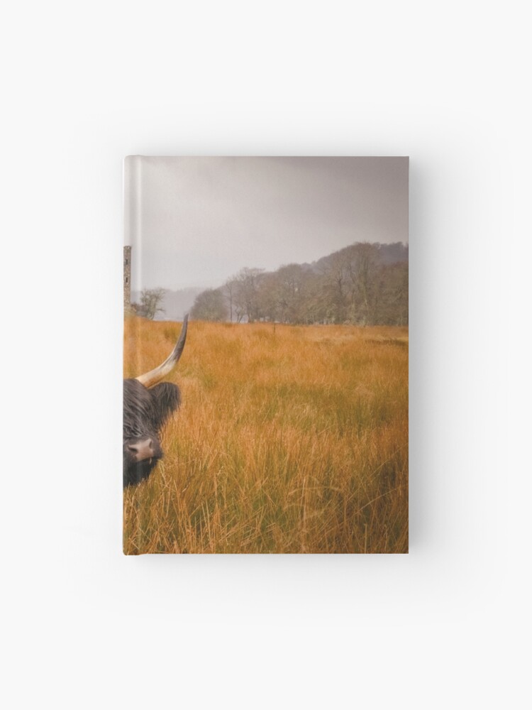 Hardcover Journal, Kilchurn Castle being guarded by a highland cow! designed and sold by Hike-and-Click