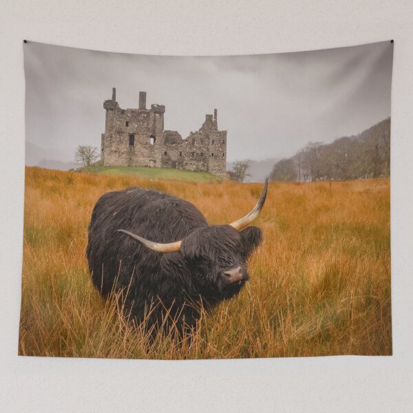 Item preview, Kilchurn Castle being guarded by a highland cow! designed and sold by Hike-and-Click.