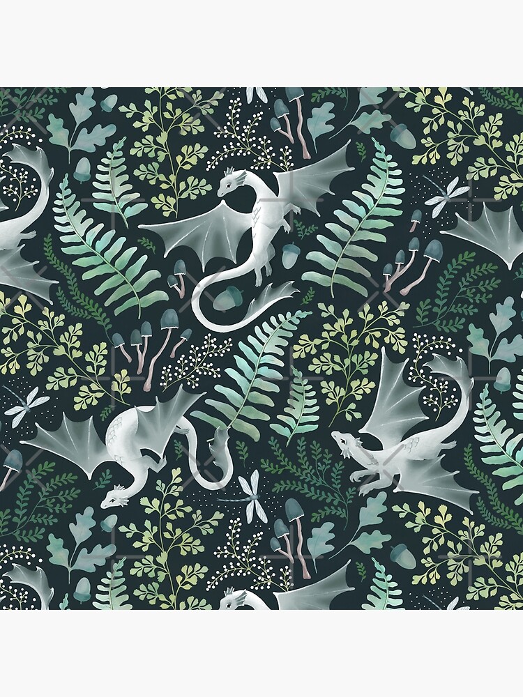 Thumbnail 4 of 4, Pillow, Forest dragons in shades of green on a dark green background designed and sold by adenaJ.