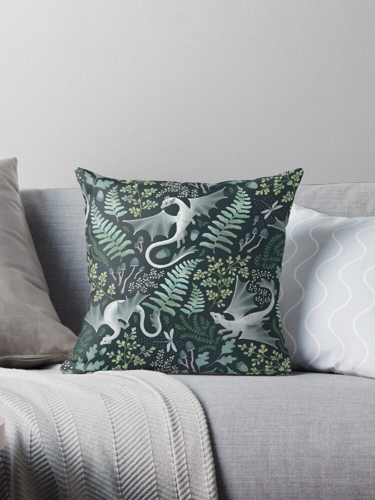 Thumbnail 1 of 4, Pillow, Forest dragons in shades of green on a dark green background designed and sold by adenaJ.