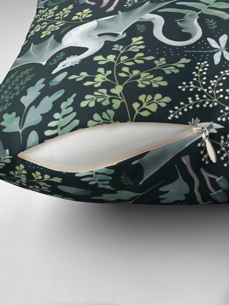 Thumbnail 2 of 4, Pillow, Forest dragons in shades of green on a dark green background designed and sold by adenaJ.