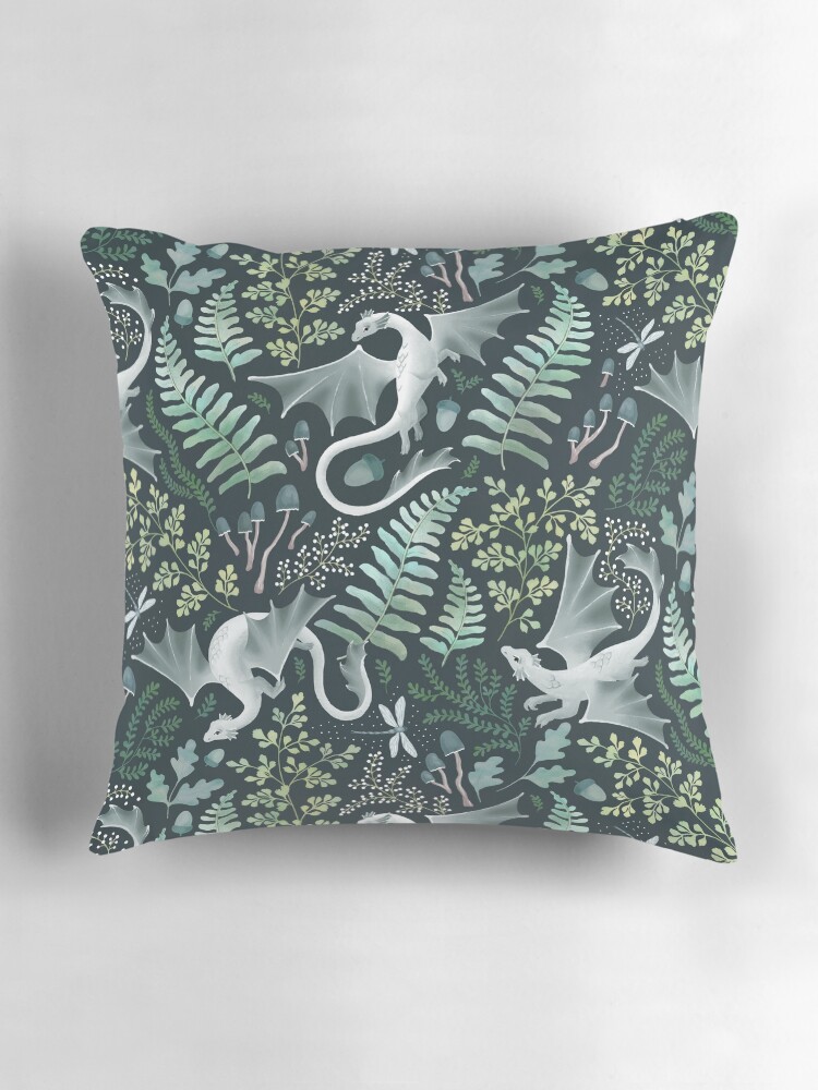 Thumbnail 3 of 4, Pillow, Forest dragons in shades of green on a dark green background designed and sold by adenaJ.