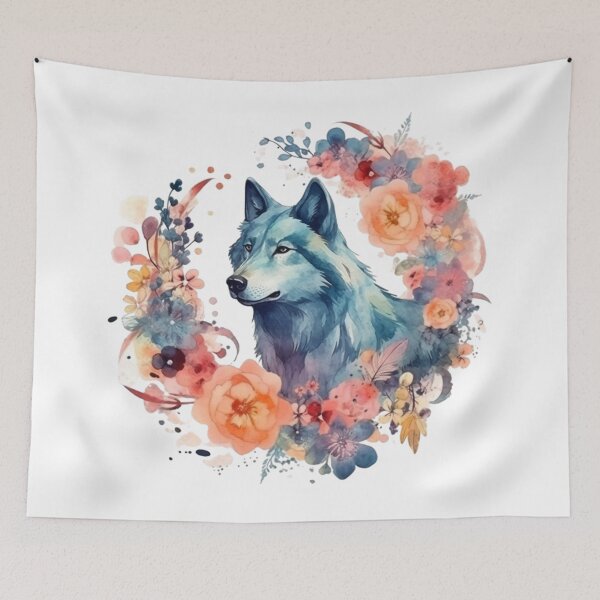 Item preview, Colorful Wolf With Flowers designed and sold by letsgetinspired.