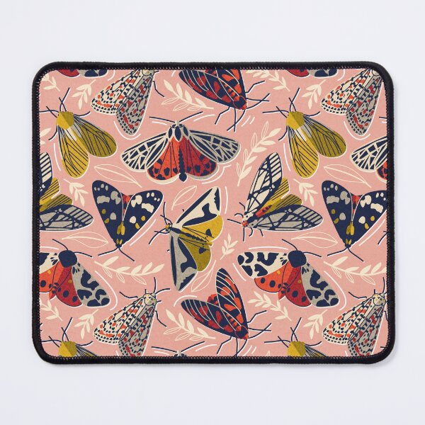 Item preview, Quirky beautiful moths // vivid tangerine pink textured background oxford navy blue ivory yellow and red tiger moth insects designed and sold by SelmaCardoso.