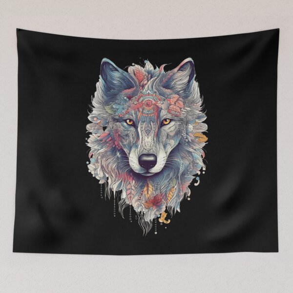 Item preview, Colorful Wolf With Flowers designed and sold by letsgetinspired.