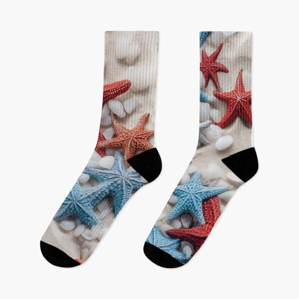 Item preview, patriotic Starfish over white sand for Fourth of July Celebrations designed and sold by Dreamakerstudio.